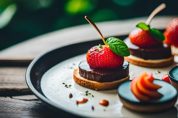 写真 チョコレートで覆われたストロベリーとチョкоレートの皿