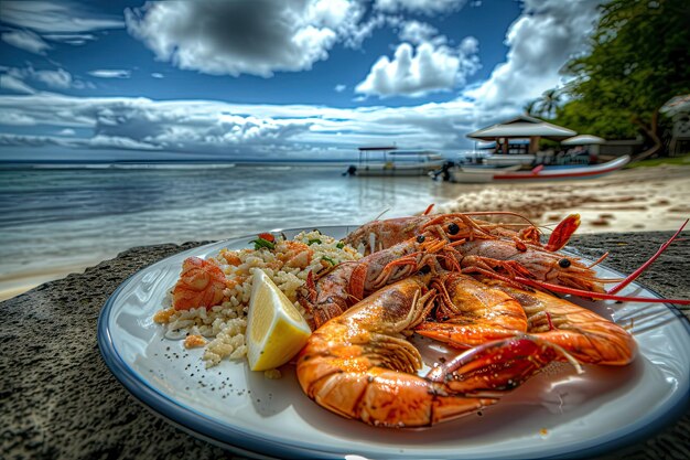 写真 海産物エビイカオイスターロブスターの皿海の近くにあります