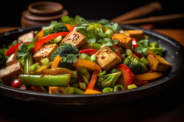Фото Тарелка жареного тофу с яркими овощами