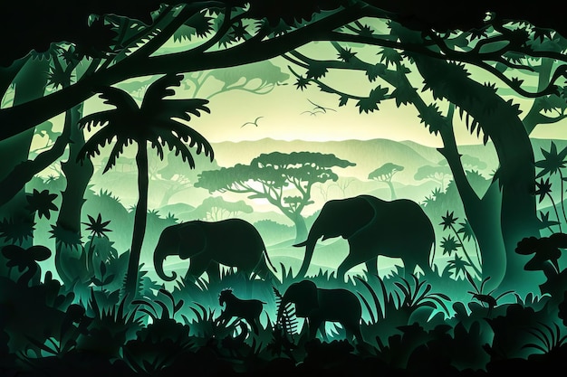写真 ジャングルのシーンを描くために紙から切り取られた動物のシルエットの遊び心のある層