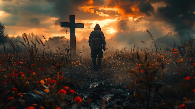 Фото Впечатляющее изображение одинокого солдата, стоящего на ободе