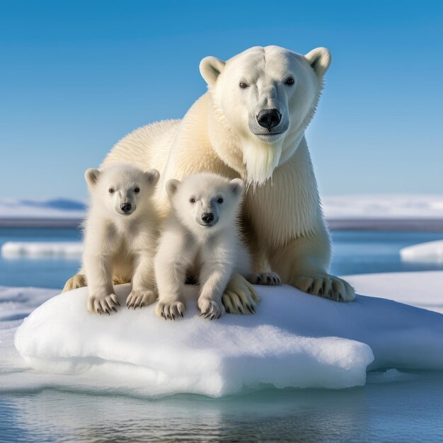 写真 北極クマと子犬が氷の上にいます