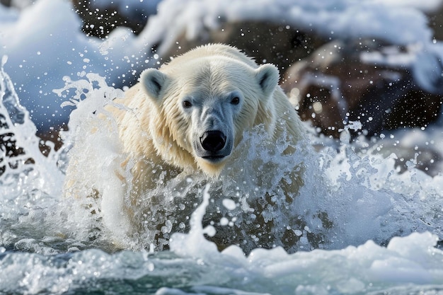 写真 北極の水域から飛び出している北極クマ