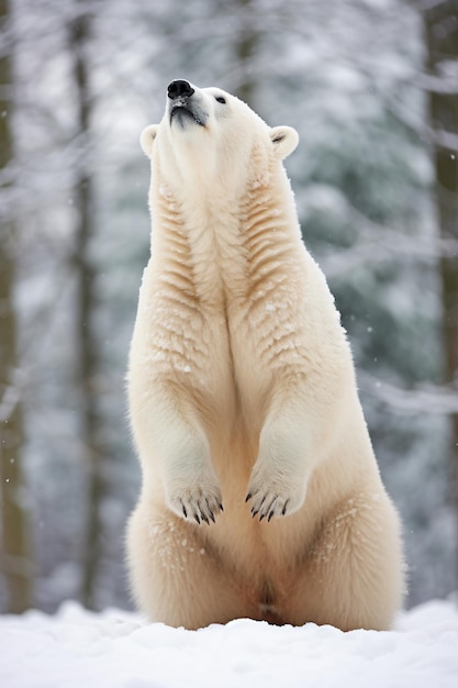 写真 雪の中で後ろ足で立っているシロクマ