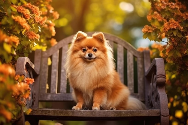 写真 花に囲まれたベンチに座るポメラニアン犬