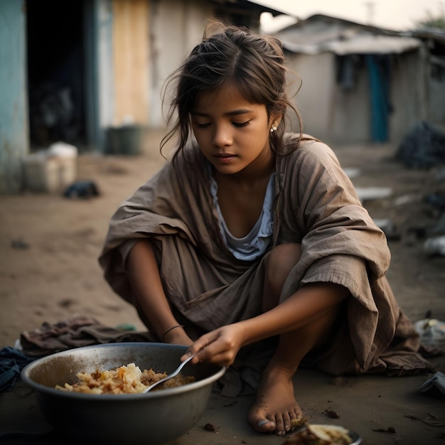 Фото Бедная голодная девушка ест грязную еду и носит грязную ткань, сидя в разрушенной земле.