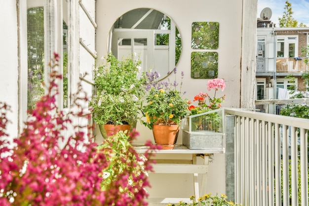 写真 鉢植えの花と丸い鏡のあるポーチ