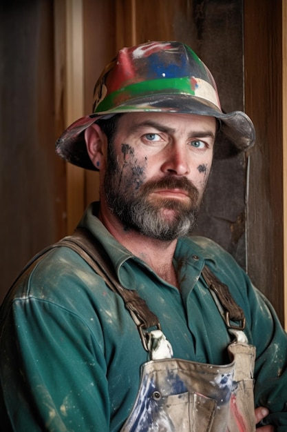 Фото Портрет симпатичного плотника в шляпе с краской, созданной с помощью генеративного ai