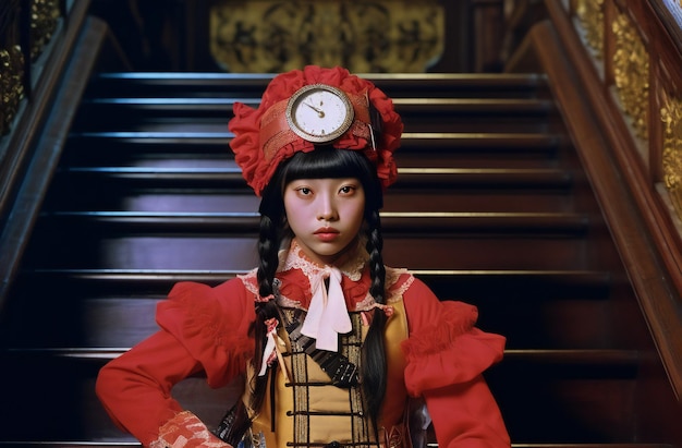Фото Портрет японской девушки с часами на заднем плане