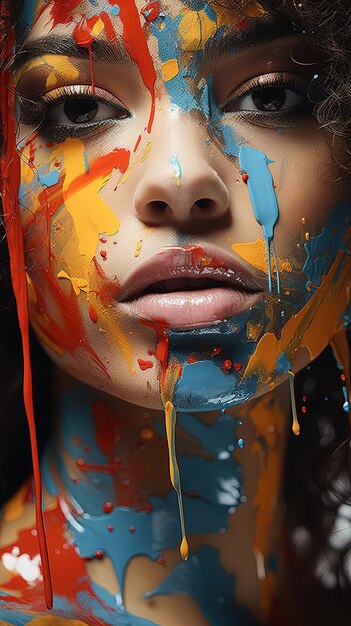 Фото Портрет привлекательной девушки с многоцветными жидкими красками на лице
