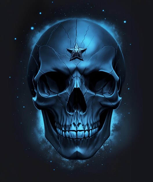 写真 悪夢の頭蓋骨の肖像画 黒い色の青い星の夜のスプラッシュアート