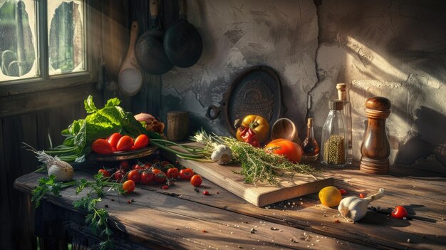 Фото Портрет деревянного стола с разнообразием свежих красочных овощей