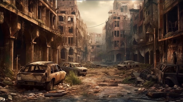 写真 終末後の廃墟の街 破壊された建物、焼け落ちた車両、廃墟となった道路