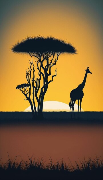 写真 ジラフと呼ばれる本のポスターと ⁇ 背景に夕日が写っている木 ⁇
