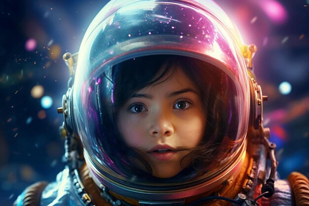 写真 裏面に宇宙服を着て宇宙にいる女の子のポスター。