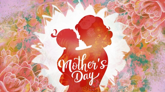 写真 赤い背景の母と子のポスターで母の日と書かれています