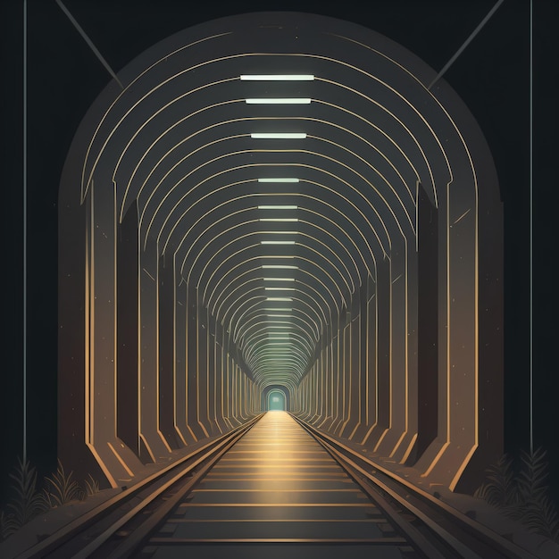 写真 上部にライトが付いた地下鉄トンネルのポスター。