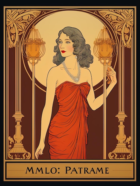 사진 a poster for a woman with a red dress and a necklace