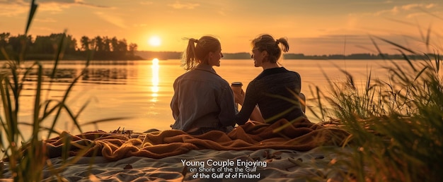 写真 太陽が彼らの後ろに沈むビーチに座っている若いカップルのポスター