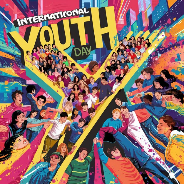 사진 국제 청년의 날을 기념하는 젊은이들의 포스터