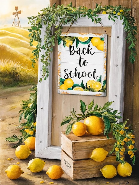 사진 레몬과 꽃의 그림으로 학교로 돌아가는 포스터