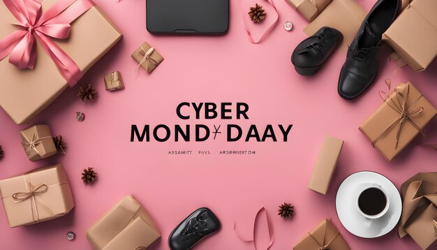 사진 a poster for cyber monday with a pink background with a black shoe and a pink box with a pink box that says cyber monday