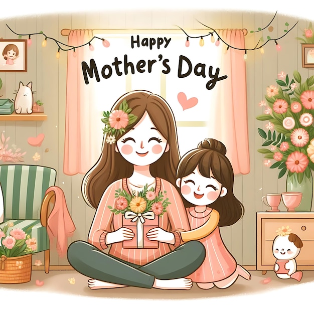 사진 어머니의 날 포스터 행복한 어머니의 날 소녀와 그녀의 어머니가 꽃을 들고