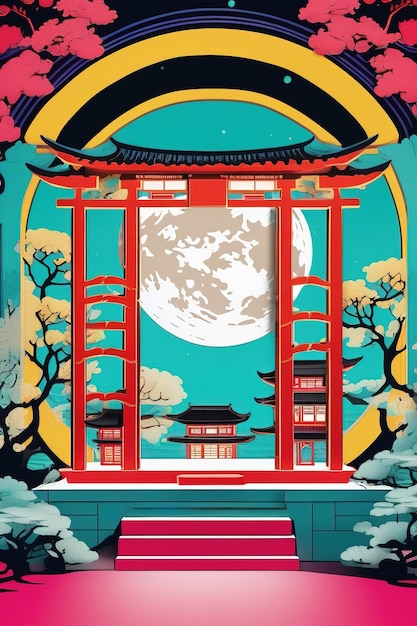 写真 赤い扉と青い背景を持つ日本の神社のポスター。