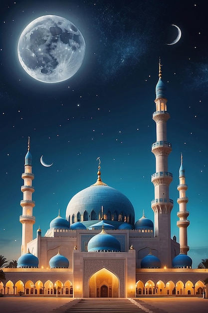 写真 月とモスクを背景にしたラマダンのポスター