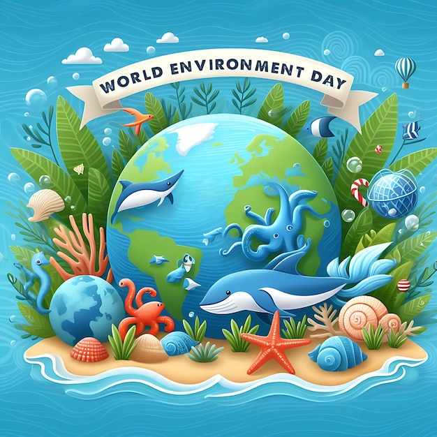 Фото Постер для окружающей среды мира с морскими существами и облаками на заднем плане