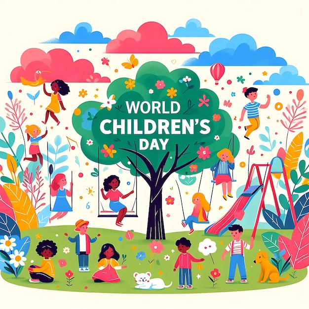 写真 世界児童デーのポスター 子どもの日が描かれています