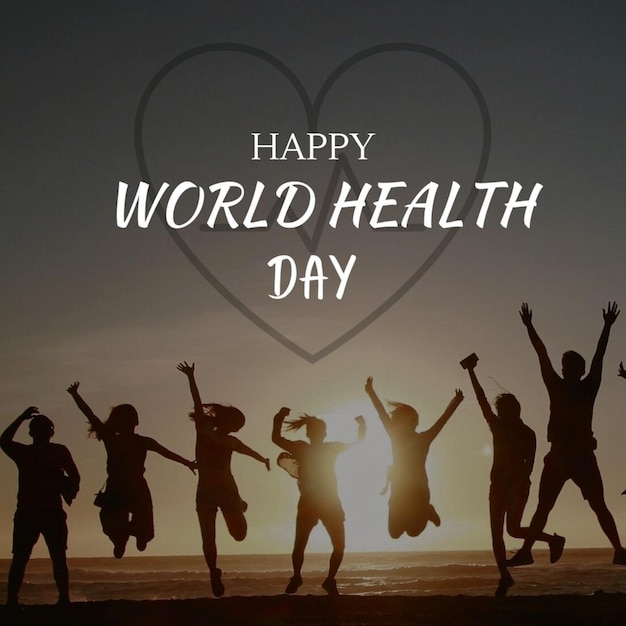 Фото Плакат на всемирный день здоровья с людьми на пляже