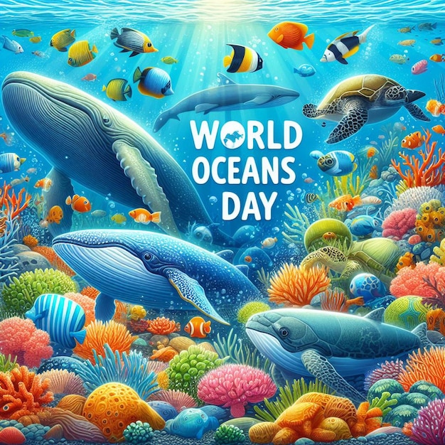 사진 세계 해양의 날 포스터, 해양 생물과 산호와 함께