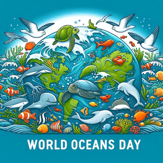 사진 a poster for world oceans day with sea creatures and fish