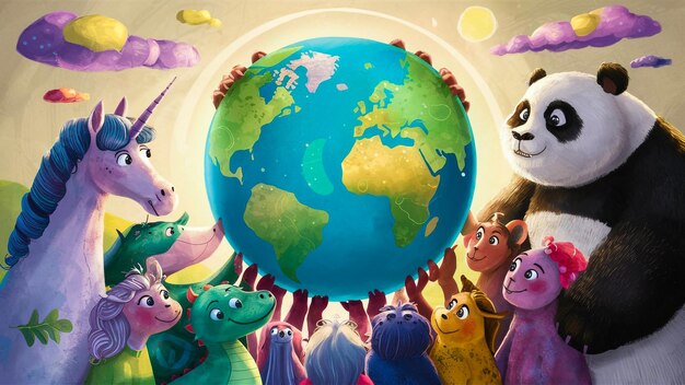 Фото Плакат группы людей, поднимающих глобус с миром вокруг него