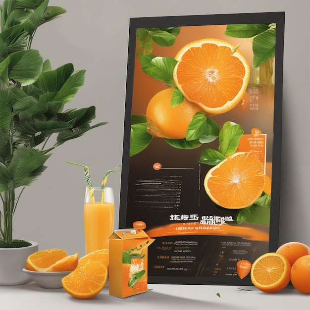Фото Плакат, рекламирующий свежий апельсиновый сок, отображается на ободе шаблона меню напитков
