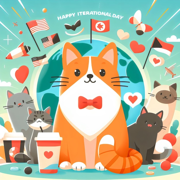 Фото Плакат с кошкой и некоторыми флагами и мультфильмным изображением кошки с галстуком