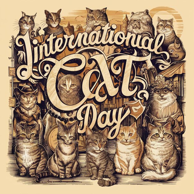 写真 国際世界日という猫の写真を掲げたポスター