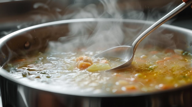 Фото Горшок супа с ложкой внутри идеально подходит для пищевых блогов или веб-сайтов рецептов