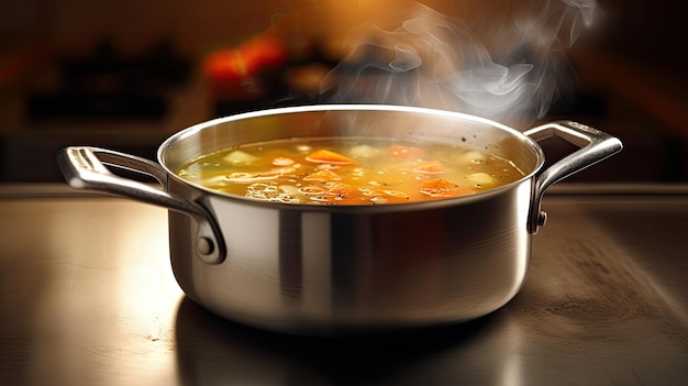 写真 湯気が立ち上るスープの入った鍋
