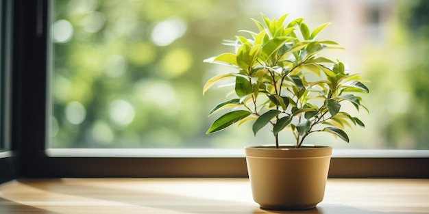 Фото Глянцевое растение, сидящее на подоконнике перед окном