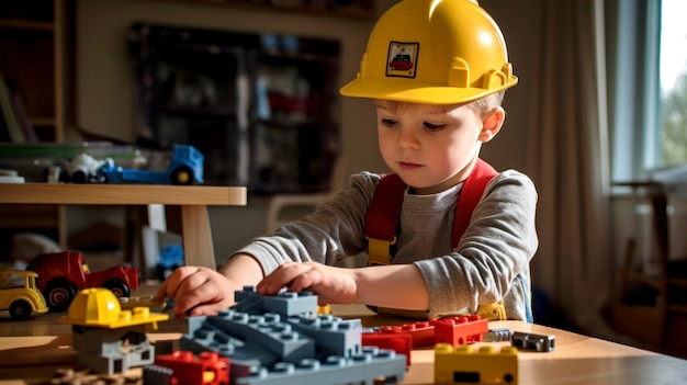 Фото Мальчик дошкольного возраста играет с строительными комплектами и воображает себя строителем