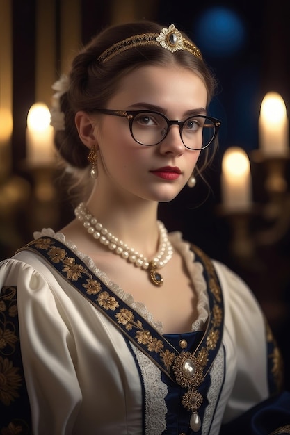 Фото Красивая европейская девушка в древней одежде и очках.