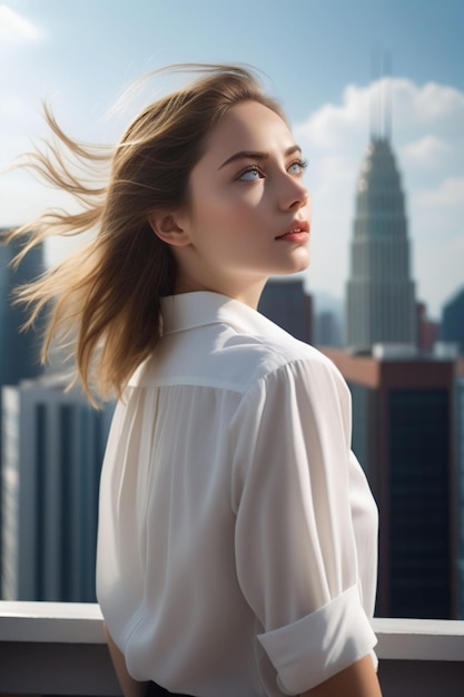 写真 白いシャツを着た美しいヨーロッパの女の子が建物の頂上から空を見ています