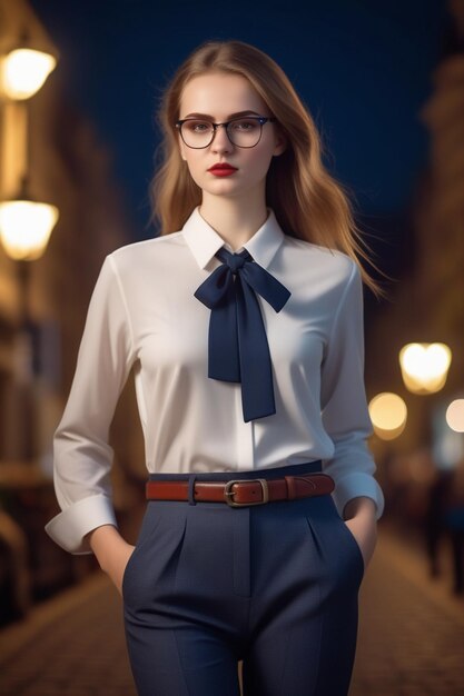 Фото Красивая европейская леди в рубашке, брюках и очках на ночном фоне