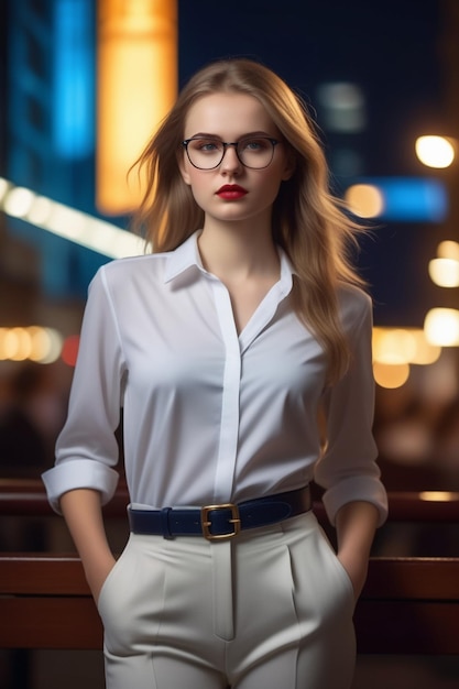 Фото Красивая европейская леди в рубашке, брюках и очках на ночном фоне