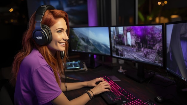 Фото Красивая девушка-игрок транслирует в прямом эфире мощный компьютер в своей комнате.