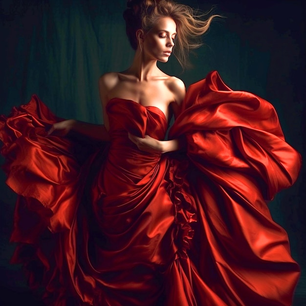 Фото Красивая девушка в абстрактном красном платье с рюшами на темном фоне