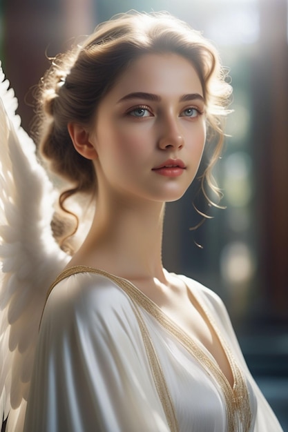 写真 白い天使のドレスを着た可愛い女の子