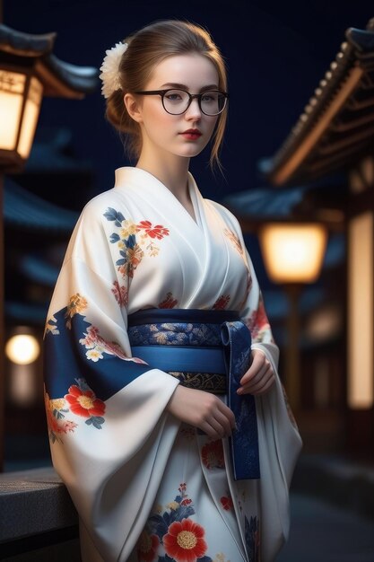 Фото Красивая девушка в кимоно стоит на улице ночью.